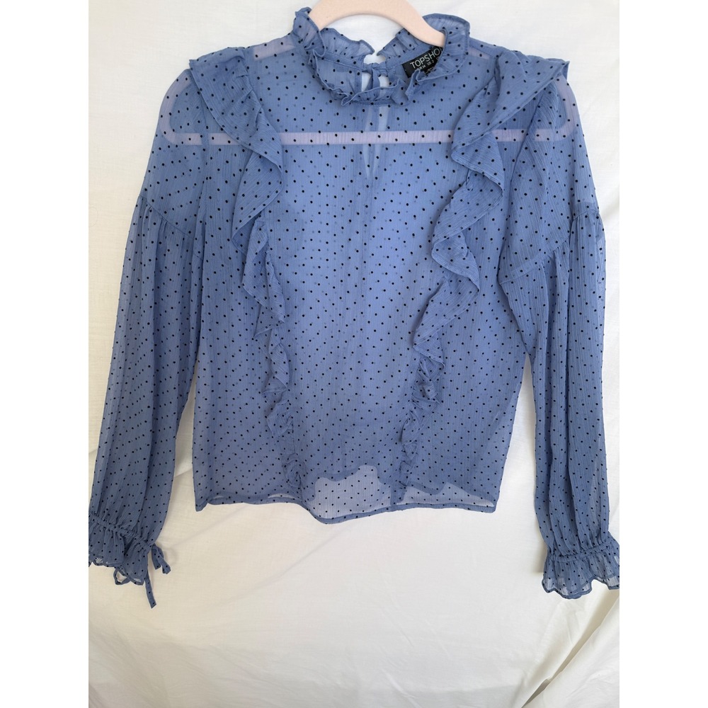 Topshop Blue Polka Dot Ruffle Blouse Sheer Long Sleeve Tie Neck Top US 2